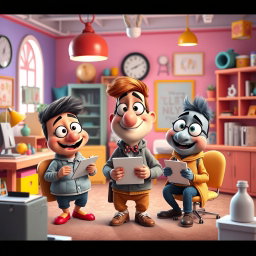 A playful and imaginative digital art scene inspired by Pixar's storytelling style, featuring a group of anthropomorphic characters engaging in a humorous entrepreneurial venture