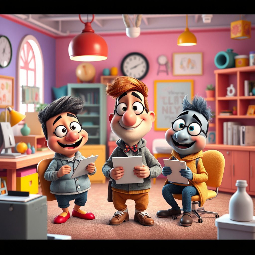 A playful and imaginative digital art scene inspired by Pixar's storytelling style, featuring a group of anthropomorphic characters engaging in a humorous entrepreneurial venture