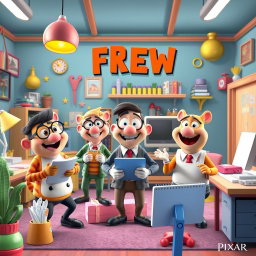A playful and imaginative digital art scene inspired by Pixar's storytelling style, featuring a group of anthropomorphic characters engaging in a humorous entrepreneurial venture