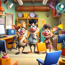 A playful and imaginative digital art scene inspired by Pixar's storytelling style, featuring a group of anthropomorphic characters engaging in a humorous entrepreneurial venture