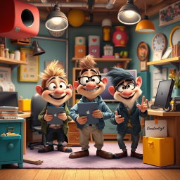 A playful and imaginative digital art scene inspired by Pixar's storytelling style, featuring a group of anthropomorphic characters engaging in a humorous entrepreneurial venture