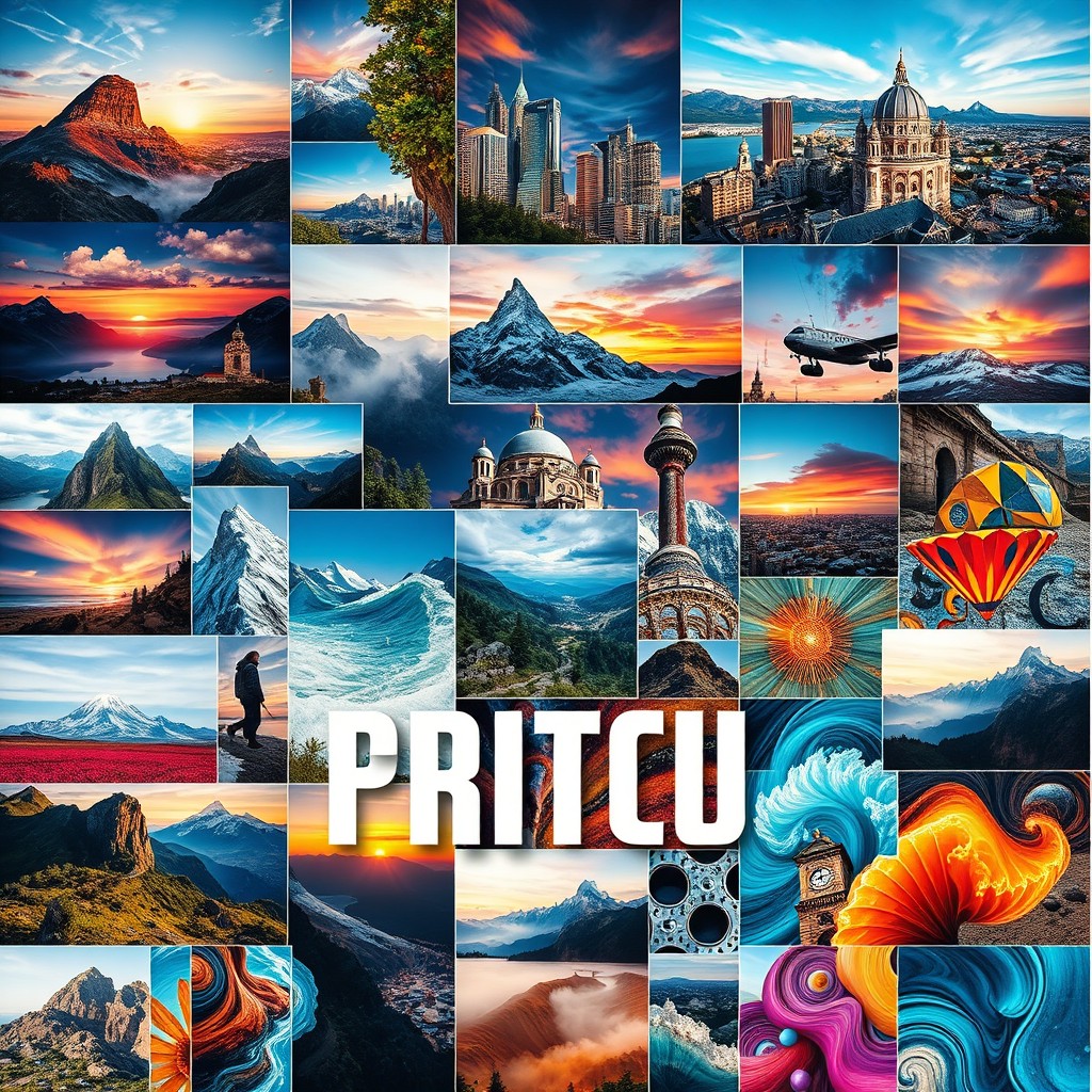 A stunning poster collage composed of an array of high-quality photos, showcasing diverse themes such as stunning nature scenes, vibrant city skylines, and artistic abstracts