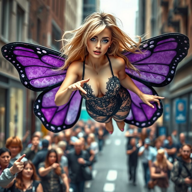 A stunning photographic image capturing a fantastical scene on a busy street