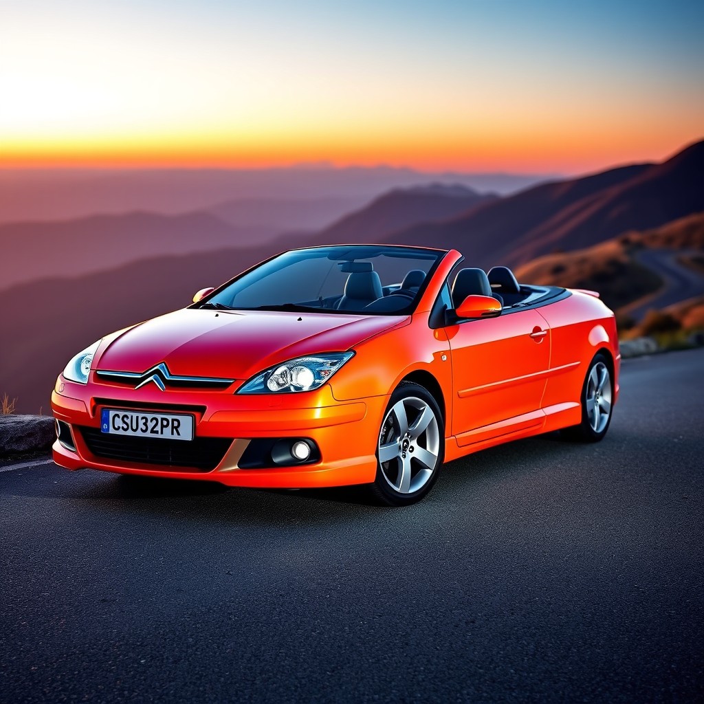 A striking Citroen Xsara VTS, parked on a scenic mountain road at sunset