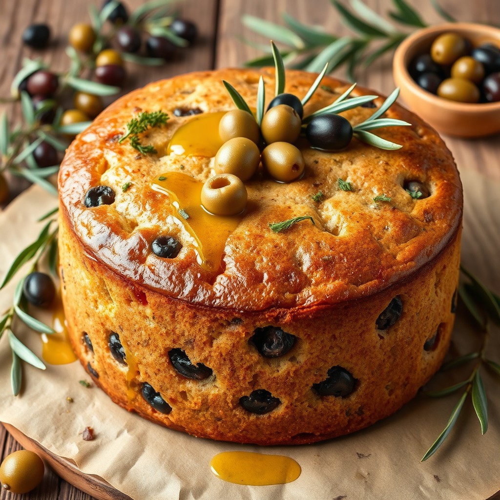 A delicious and visually stunning olive cake, beautifully decorated with fresh olives, herbs, and a light drizzle of olive oil on top
