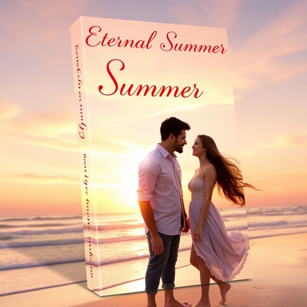 A visually striking 3D book cover for a romance novel, featuring a beautiful sunset over a serene beach