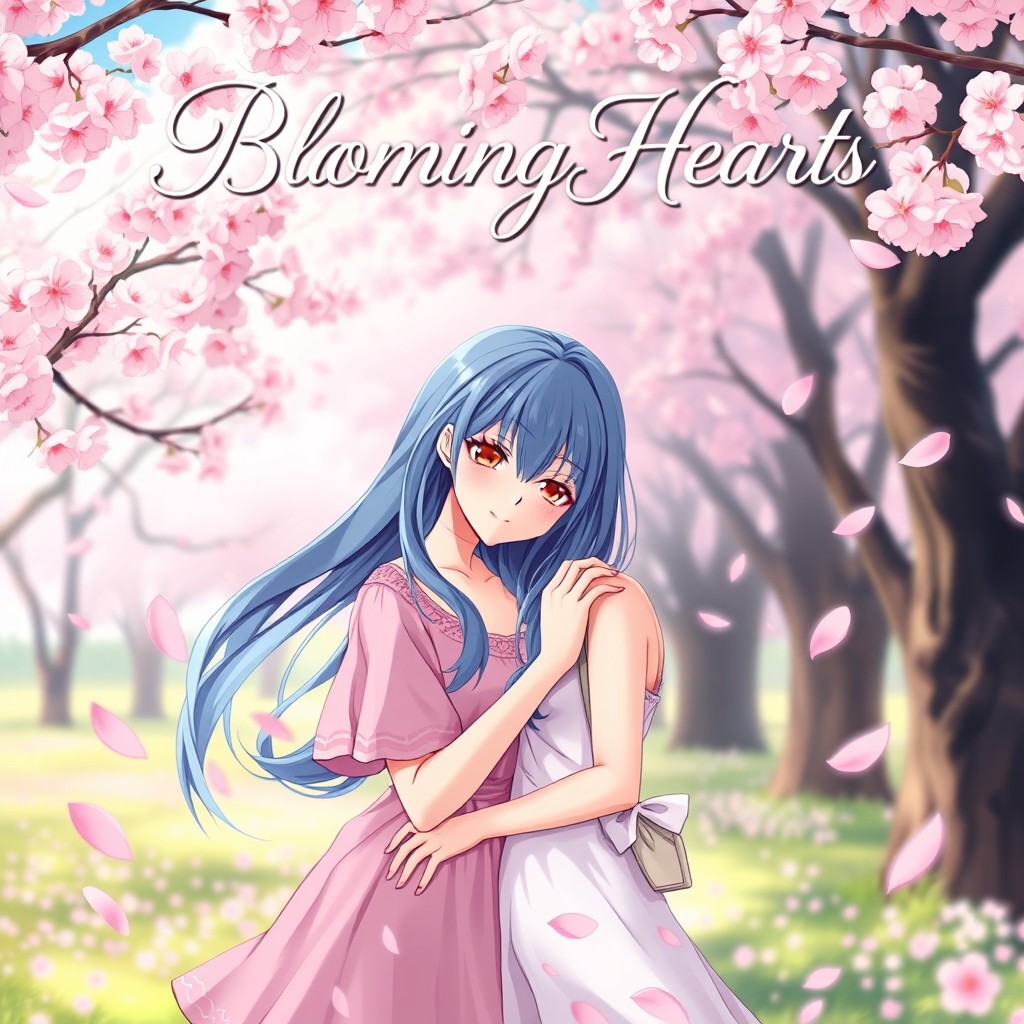 An enchanting anime-style book cover for a romance novel featuring two women in a tender embrace