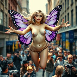 A captivating photographic image of a bustling city street scene featuring a tiny hourglass-shaped, beautiful and sensual angel adorned with stunning purple butterfly wings