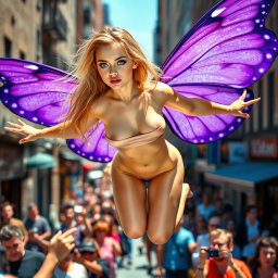 A captivating photographic image showcasing a vibrant street scene with a focus on a tiny hourglass-shaped, beautiful and sensual angel with stunning purple butterfly wings