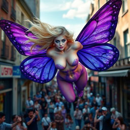 A striking photographic image capturing an enchanting street scene, featuring a tiny hourglass-shaped, beautiful and sensual angel endowed with majestic purple butterfly wings
