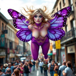 A striking photographic image capturing an enchanting street scene, featuring a tiny hourglass-shaped, beautiful and sensual angel endowed with majestic purple butterfly wings