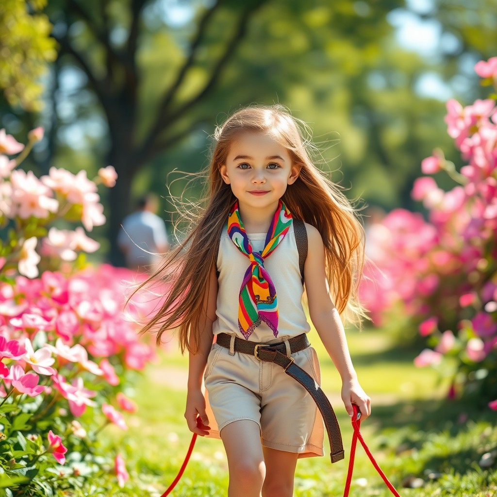 A girl with a playful yet adventurous expression, walking with a colorful lead tied around her neck, in a bright and vibrant park setting