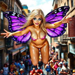 A captivating photographic image portraying a vibrant street scene with a tiny hourglass-shaped, beautiful and sensual angel adorned with stunning purple butterfly wings