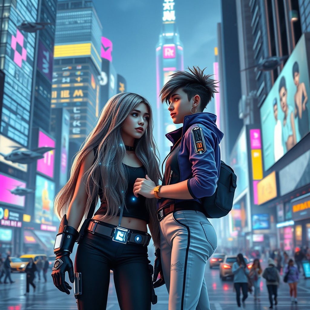 A futuristic city filled with advanced technology, showcasing sleek skyscrapers with bright neon lights, flying cars, and holographic advertisements