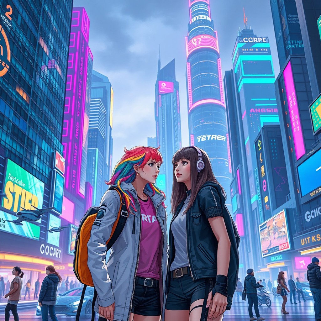 A vibrant futuristic city brimming with cutting-edge technology, featuring towering skyscrapers adorned with neon lights and interactive displays