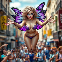 A mesmerizing photographic image showcasing a vibrant street scene with a tiny hourglass-shaped, beautiful and sensual angel, adorned with stunning purple butterfly wings