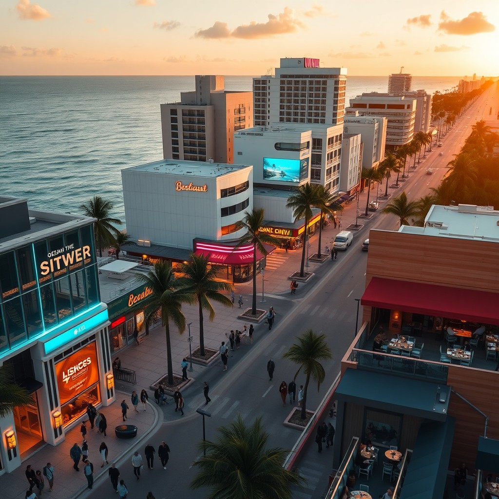 A highly detailed realistic aerial photograph of Ocean Drive, Miami in 2050 during golden hour