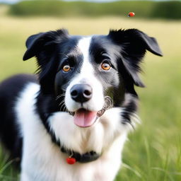 A captivating high-quality photograph of a black and white Border Collie with a tiny red ladybug on its nose