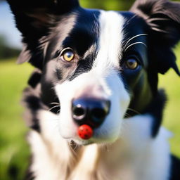 A captivating high-quality photograph of a black and white Border Collie with a tiny red ladybug on its nose