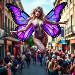 A stunning photographic image showcasing a lively street scene featuring a tiny hourglass-shaped, beautiful and sensual angel with vibrant purple butterfly wings