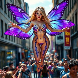A stunning photographic image showcasing a lively street scene featuring a tiny hourglass-shaped, beautiful and sensual angel with vibrant purple butterfly wings