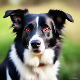 A captivating high-quality photograph of a black and white Border Collie with a tiny red ladybug on its nose