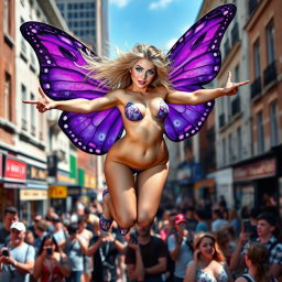 A captivating photographic image depicting a vibrant street scene with a tiny hourglass-shaped, beautiful and sensual angel featuring magnificent purple butterfly wings
