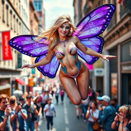 A captivating photographic image depicting a vibrant street scene with a tiny hourglass-shaped, beautiful and sensual angel featuring magnificent purple butterfly wings