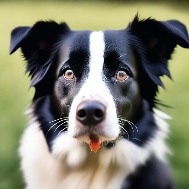 A captivating high-quality photograph of a black and white Border Collie with a tiny red ladybug on its nose