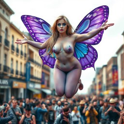 A striking photographic image capturing a lively street scene featuring a tiny, thick hourglass-shaped, beautiful and sensual angel with vibrant purple butterfly wings