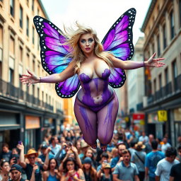 A striking photographic image capturing a lively street scene featuring a tiny, thick hourglass-shaped, beautiful and sensual angel with vibrant purple butterfly wings