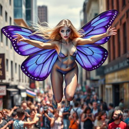 A captivating photographic image depicting a lively street scene featuring a tiny, beautiful, and sensual angel with magnificent purple butterfly wings