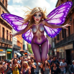 A captivating photographic image depicting a lively street scene featuring a tiny, beautiful, and sensual angel with magnificent purple butterfly wings