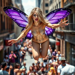 A breathtaking photographic image capturing a vibrant street scene featuring a tiny, beautiful, and sensual angel with stunning purple butterfly wings