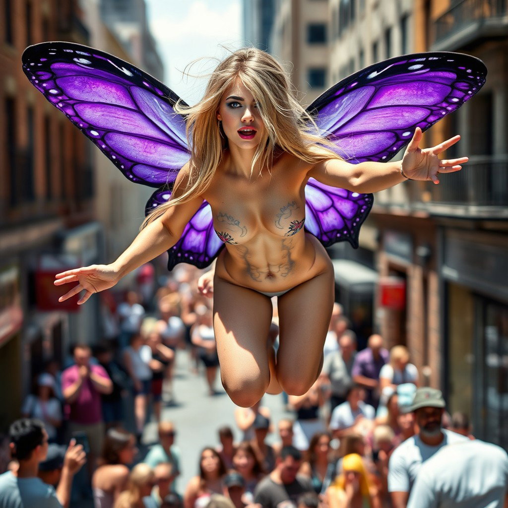 A breathtaking photographic image capturing a vibrant street scene featuring a tiny, beautiful, and sensual angel with stunning purple butterfly wings