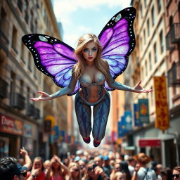 A breathtaking photographic image capturing a vibrant street scene featuring a tiny, beautiful, and sensual angel with stunning purple butterfly wings
