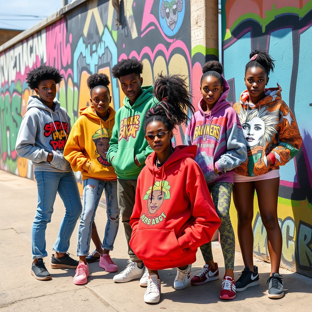A vibrant street scene featuring a group of stylish black models wearing colorful printed hoodies