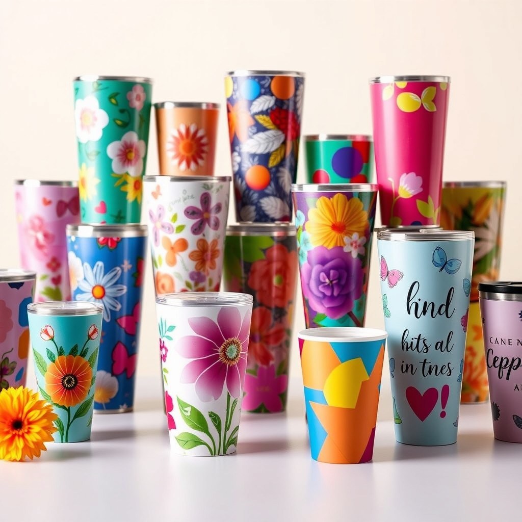 A collection of colorful sublimation cups displayed beautifully, showcasing various unique designs and patterns