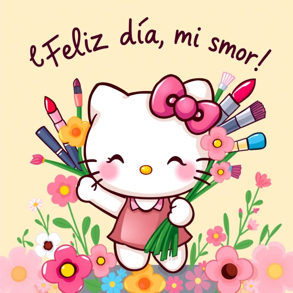 A cute and vibrant illustration of Hello Kitty joyfully carrying a bouquet made of colorful makeup items, such as lipsticks, eyeshadows, and brushes, surrounded by a cheerful array of flowers