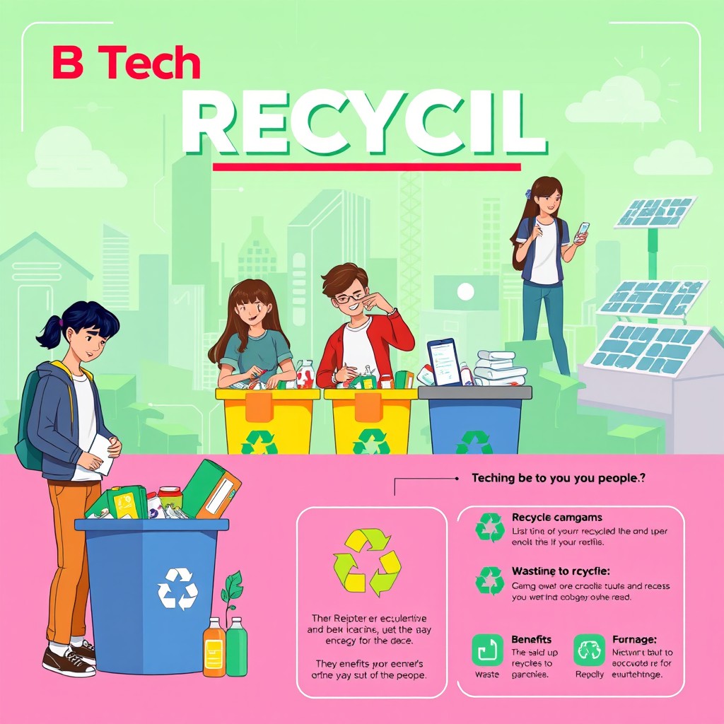 A visually striking and informative poster designed for BTech students, showcasing the environmental recycling process engaged by people