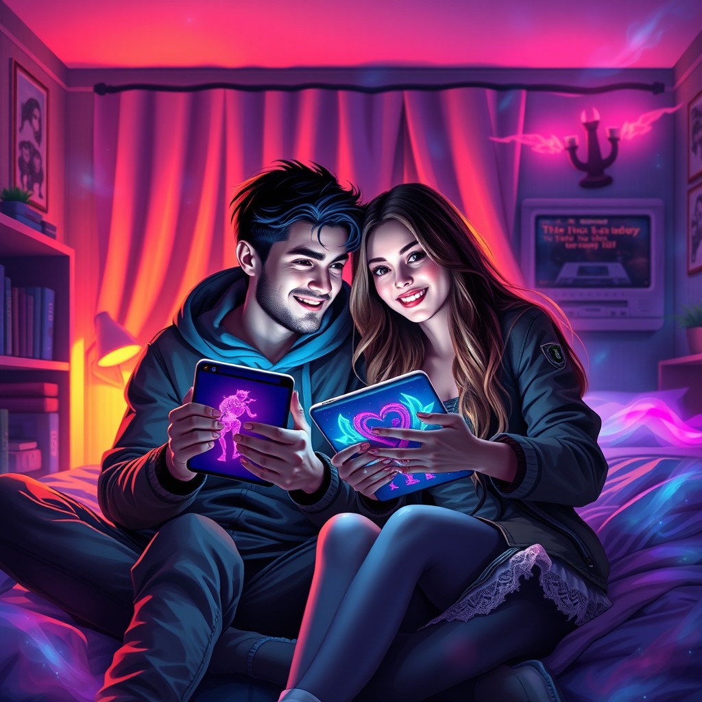 A captivating book cover design for a romance novel featuring a young couple who fall in love virtually through an online RPG game