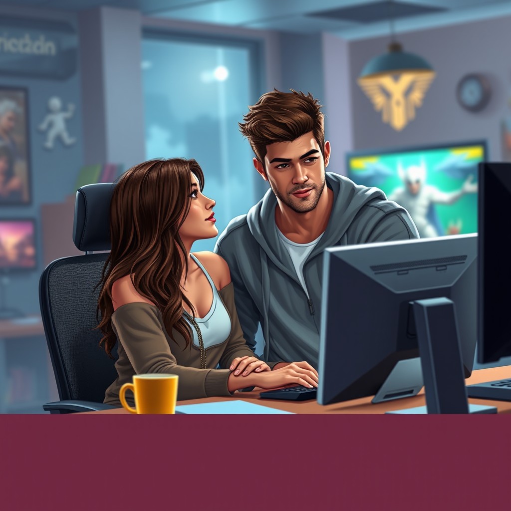 A captivating book cover featuring a romantic couple in a college setting, where their love story starts in an online RPG game