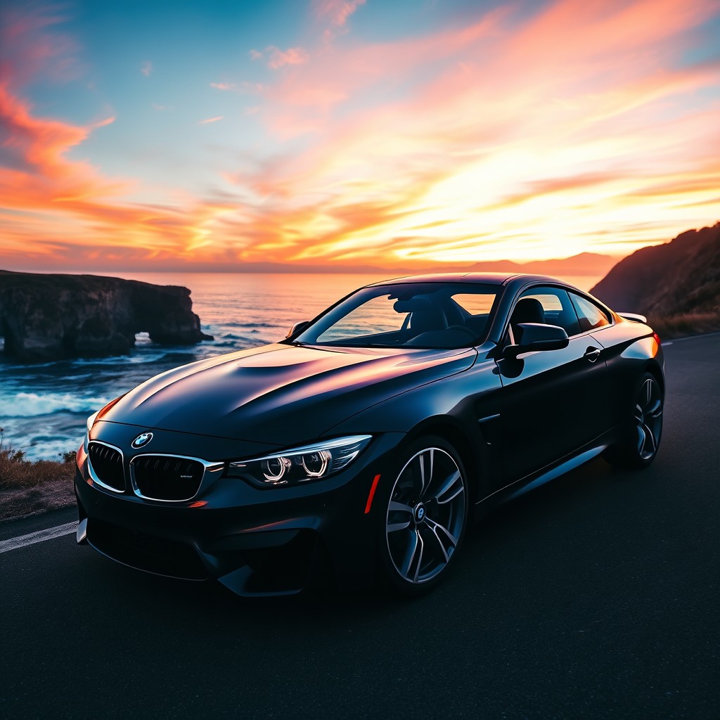 A sleek, modern BMW sports car parked on a scenic coastal road at sunset