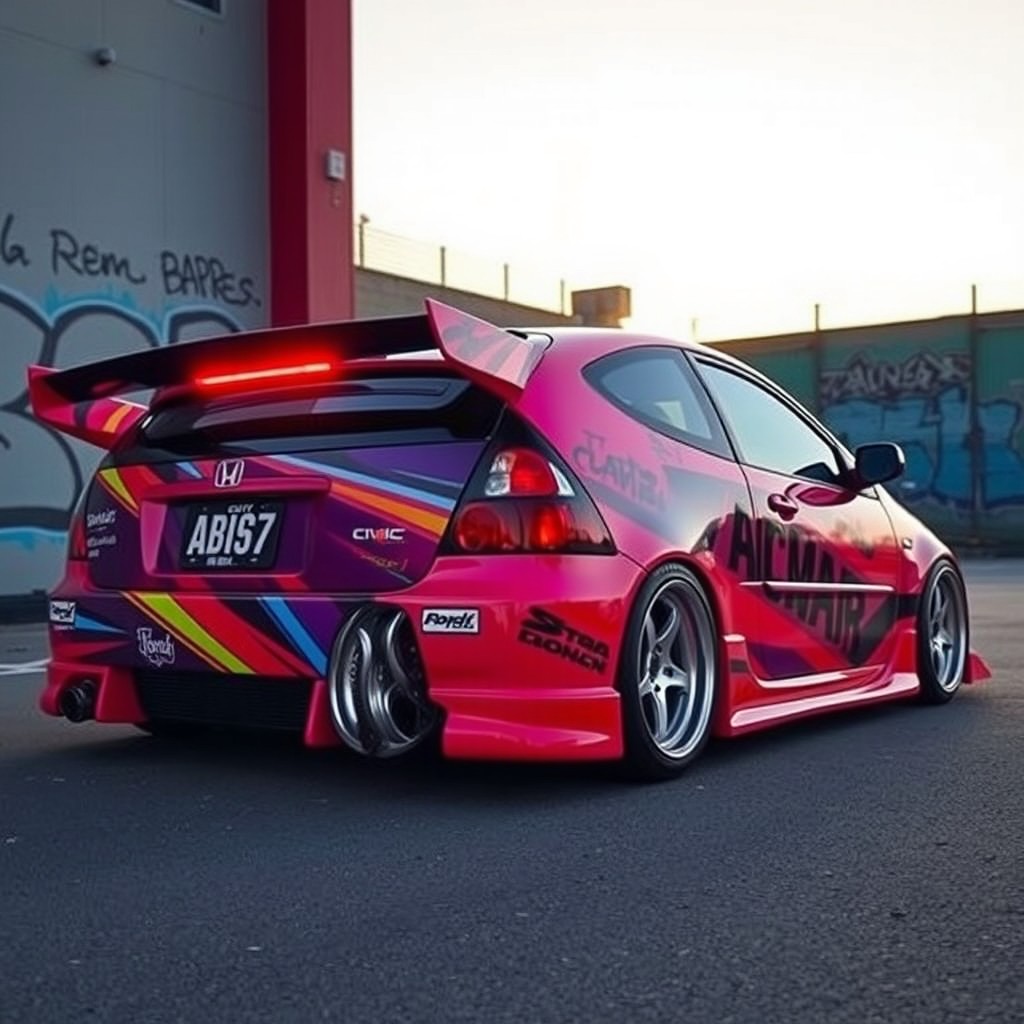 A stunning Honda Civic EG6 customized with vivid colors, featuring a sleek body kit and racing decals