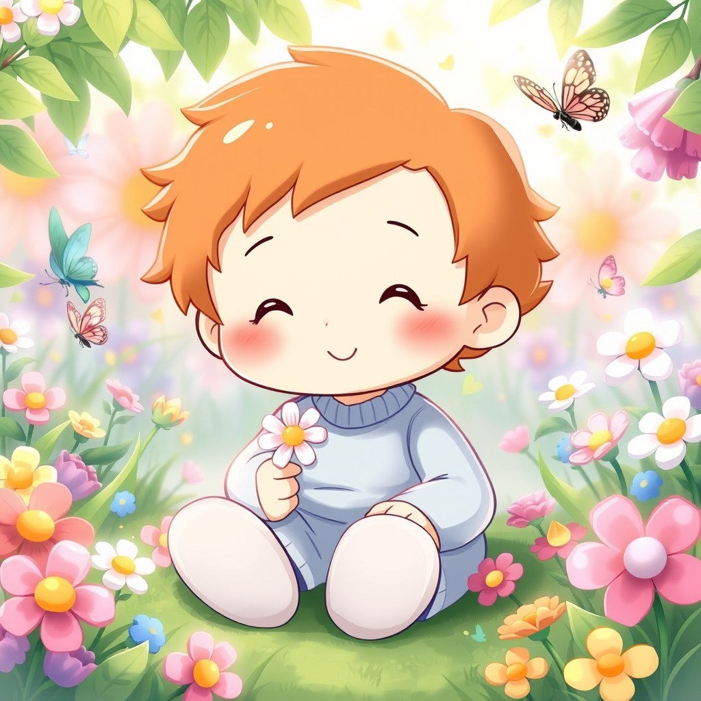 A charming illustration of Dear Daniel, the character from the Sanrio universe, sitting in a serene garden surrounded by vibrant flowers