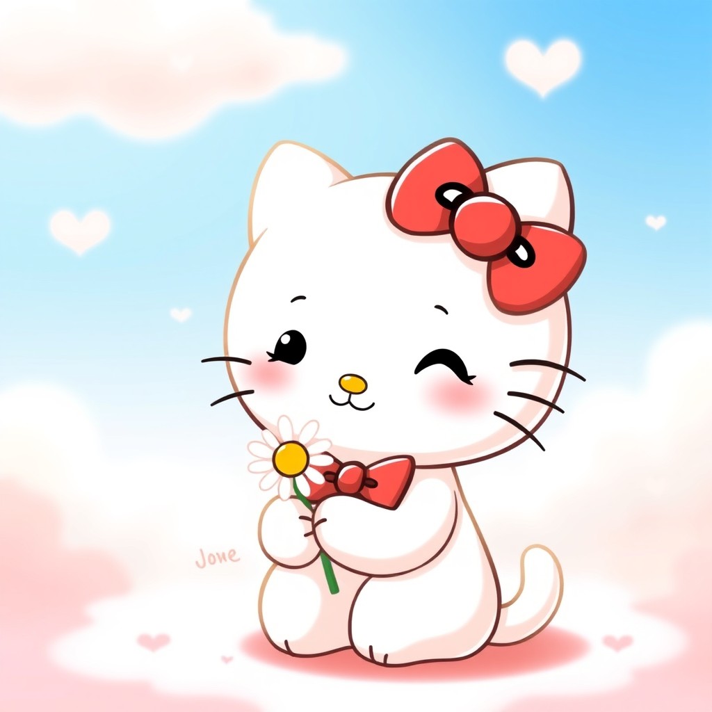 A cute illustration of Hello Kitty's boyfriend, a small, adorable white cat with a red bow tie, holding a delicate daisy flower