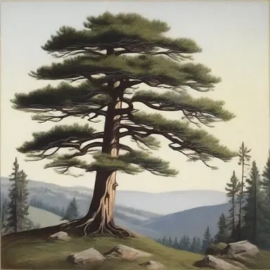 The artist used a coniferous tree as the central subject of their landscape painting.