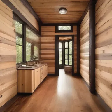 The coniferous wood was used for the flooring and wall paneling in the cabin, giving it a rustic look.