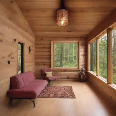 The coniferous wood was used for the flooring and wall paneling in the cabin, giving it a rustic look.
