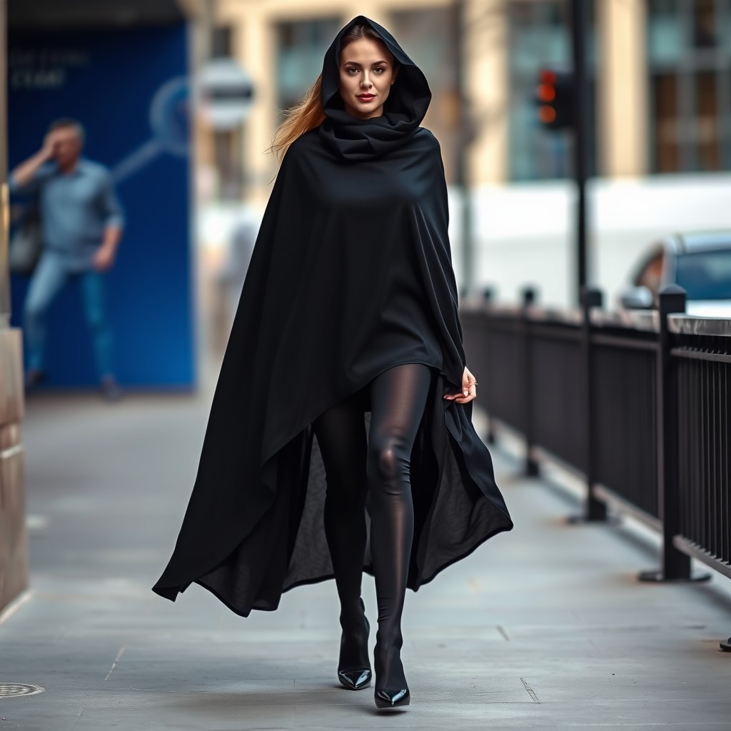 A woman in a thick black chador, paired with sleek black tights and stylish black high heels